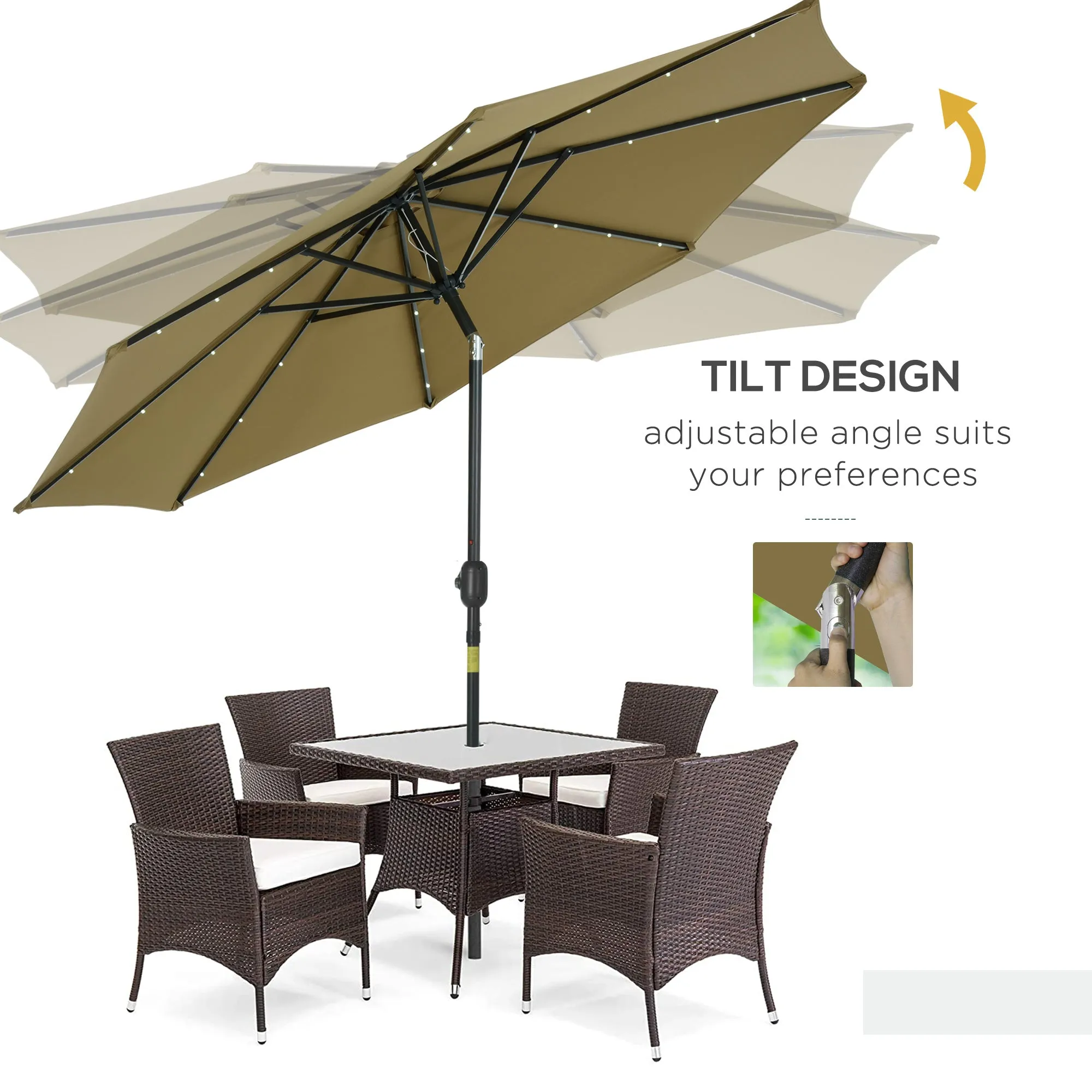 2.7m Patio Garden Umbrella Outdoor Parasol with Tilt Crank and 24 LEDs Lights (Brown)