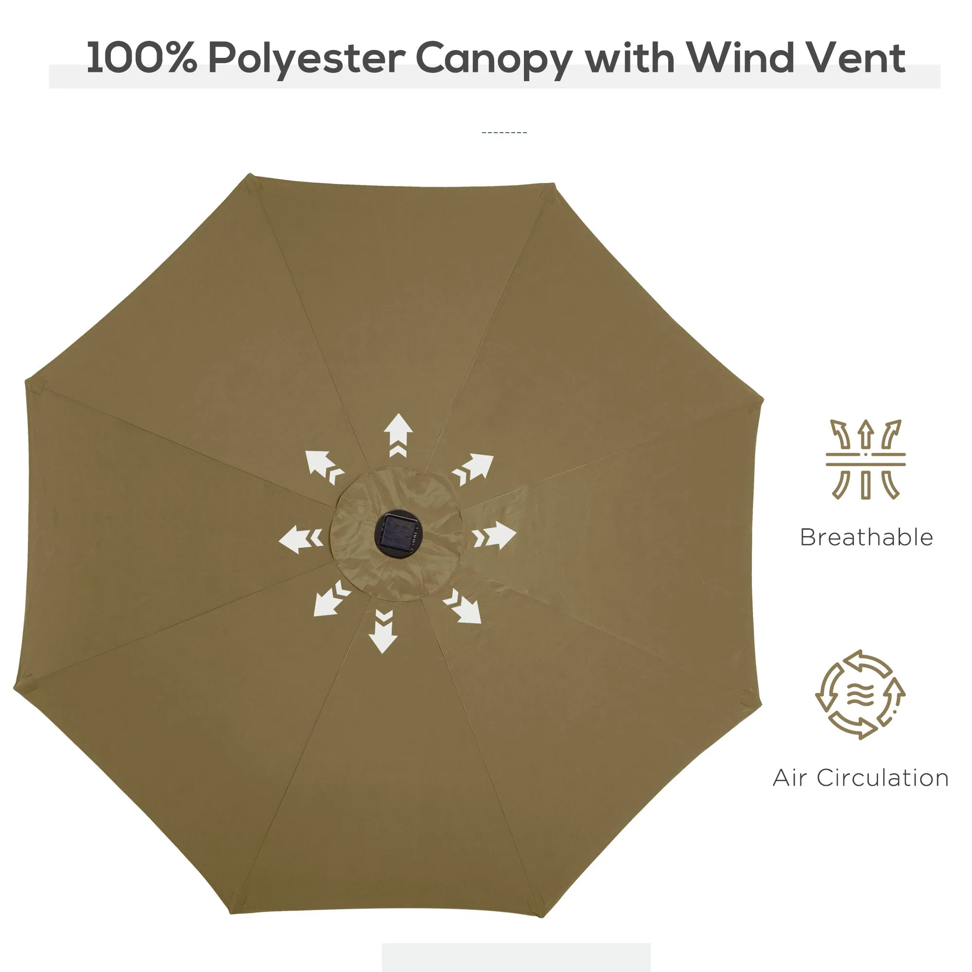 2.7m Patio Garden Umbrella Outdoor Parasol with Tilt Crank and 24 LEDs Lights (Brown)