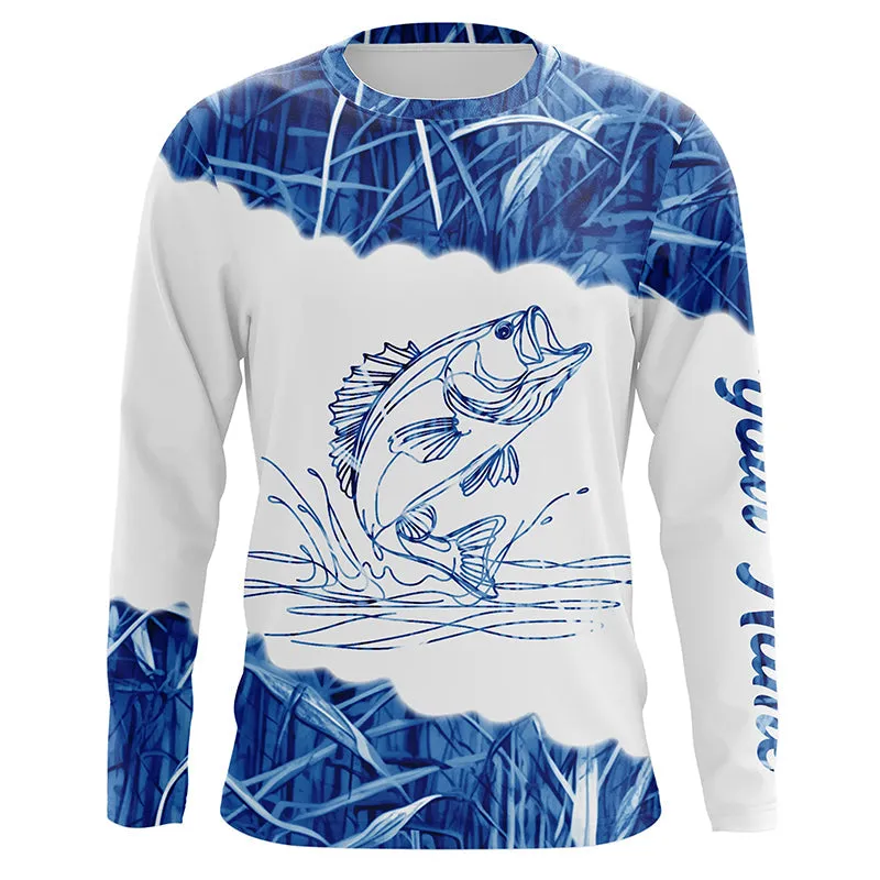 Blue Camo Largemouth Bass Customize Name Performance 3D Long Sleeve Fishing Shirts