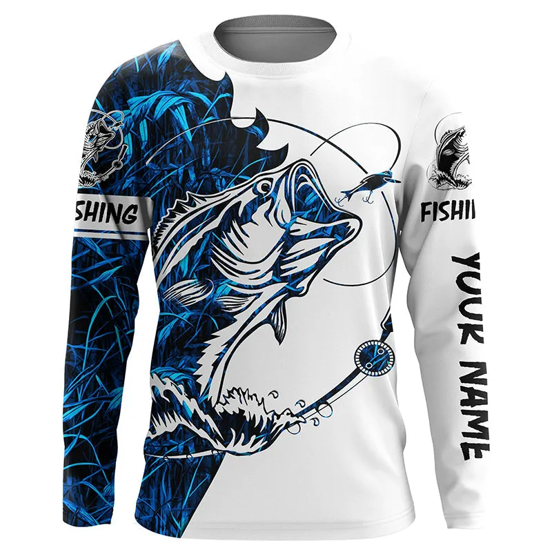 Blue Camo Largemouth Bass Fishing Custom Name Long Sleeve Fishing Shirts For Men, Gift for Fishing Lovers