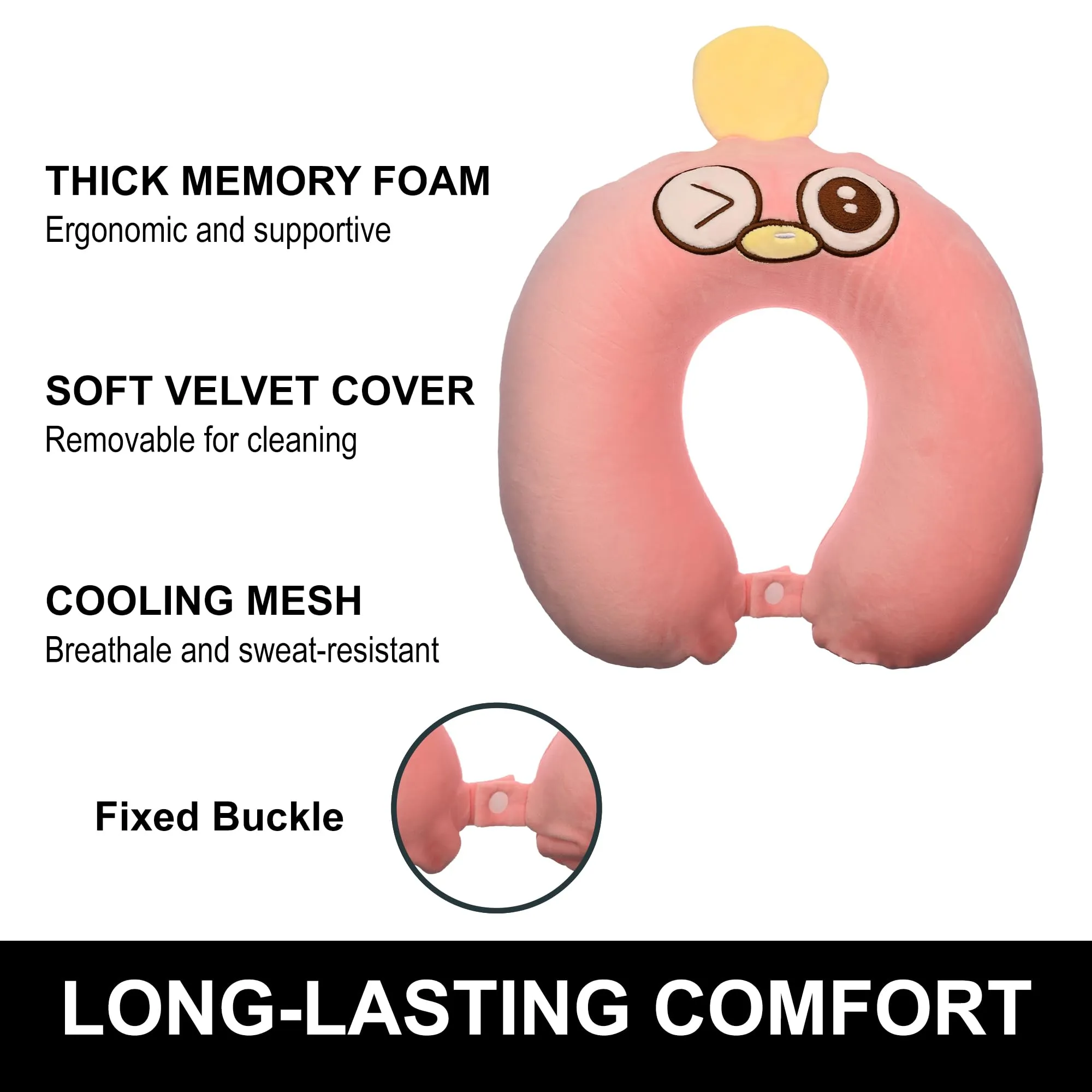 Homestic Soft Microfiber U Shaped with Blinking Eyes Semicircular Sleeping Neck Pillow for Pain & Headrest | Neck Rest for Travel | Neck Band Supporter for Adults | U22039, Pink