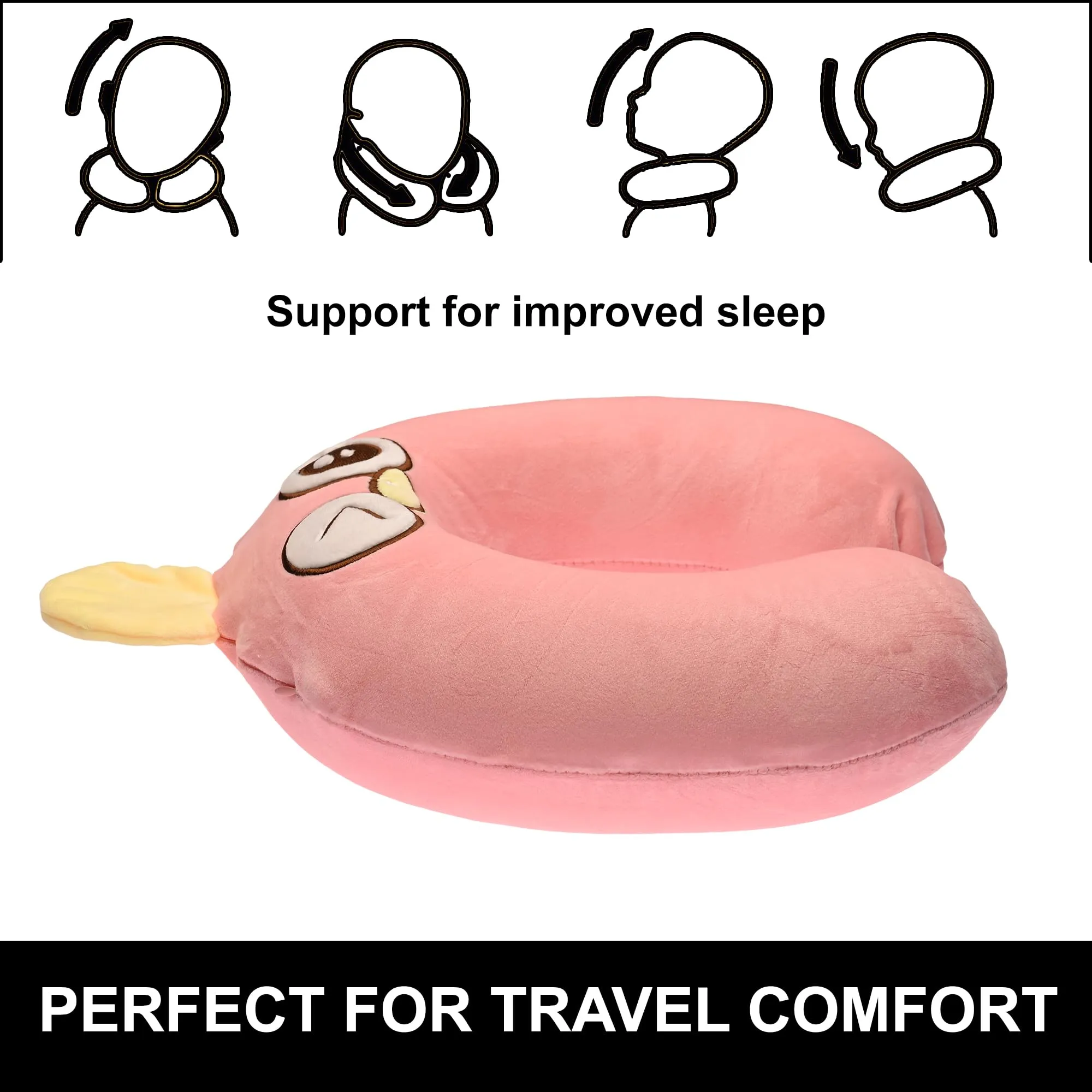 Homestic Soft Microfiber U Shaped with Blinking Eyes Semicircular Sleeping Neck Pillow for Pain & Headrest | Neck Rest for Travel | Neck Band Supporter for Adults | U22039, Pink